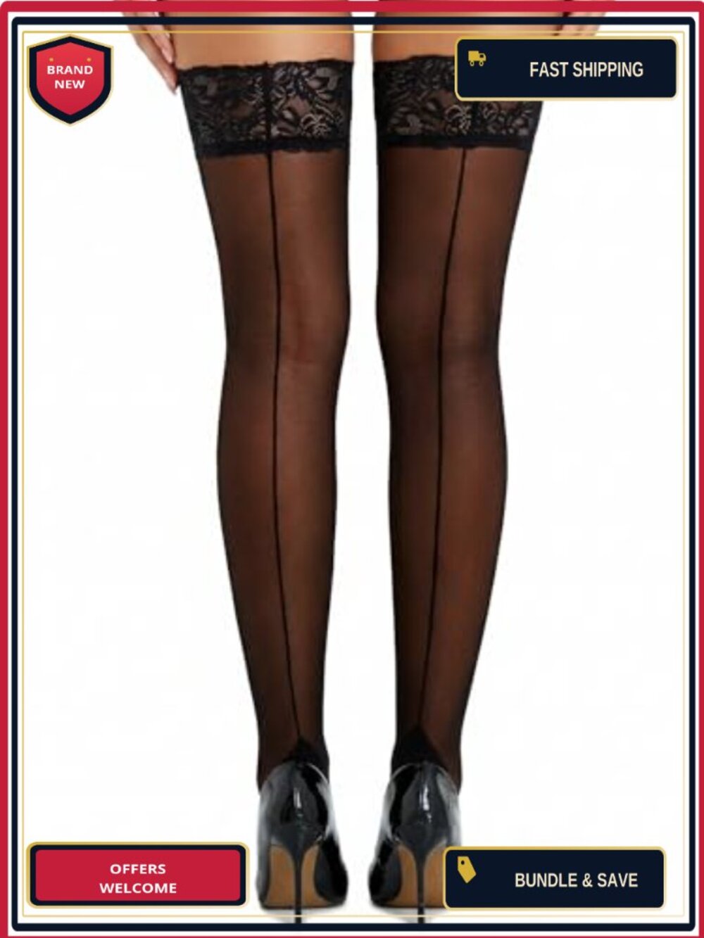 Thigh High Stockings 30D Nylon Lace Silicone Grip Backseam Sheer